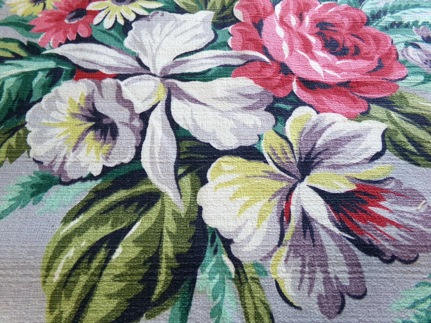 Silver Grey Botanical Vintage Barkcloth Fabric, Tropical Exotic Floral Print, 22" x 24" inches, Ideal Fabric Piece for Pillows