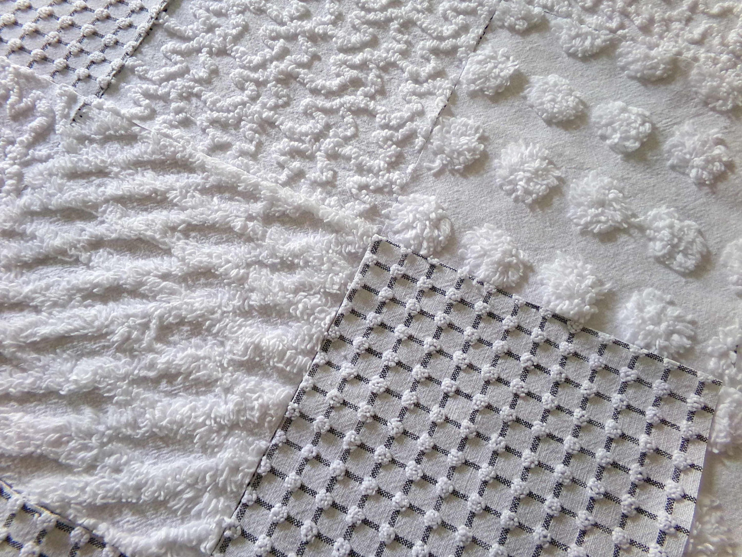 Blizzard White Vintage Chenille Fabric Squares, Diamond Ice, Coin Pop, Squiggle & Micro Grid, Set of 16 Quilt Blocks, 6" x 6" inch each