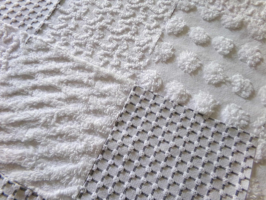 Blizzard White Vintage Chenille Fabric Squares, Diamond Ice, Coin Pop, Squiggle & Micro Grid, Set of 16 Quilt Blocks, 6" x 6" inch each