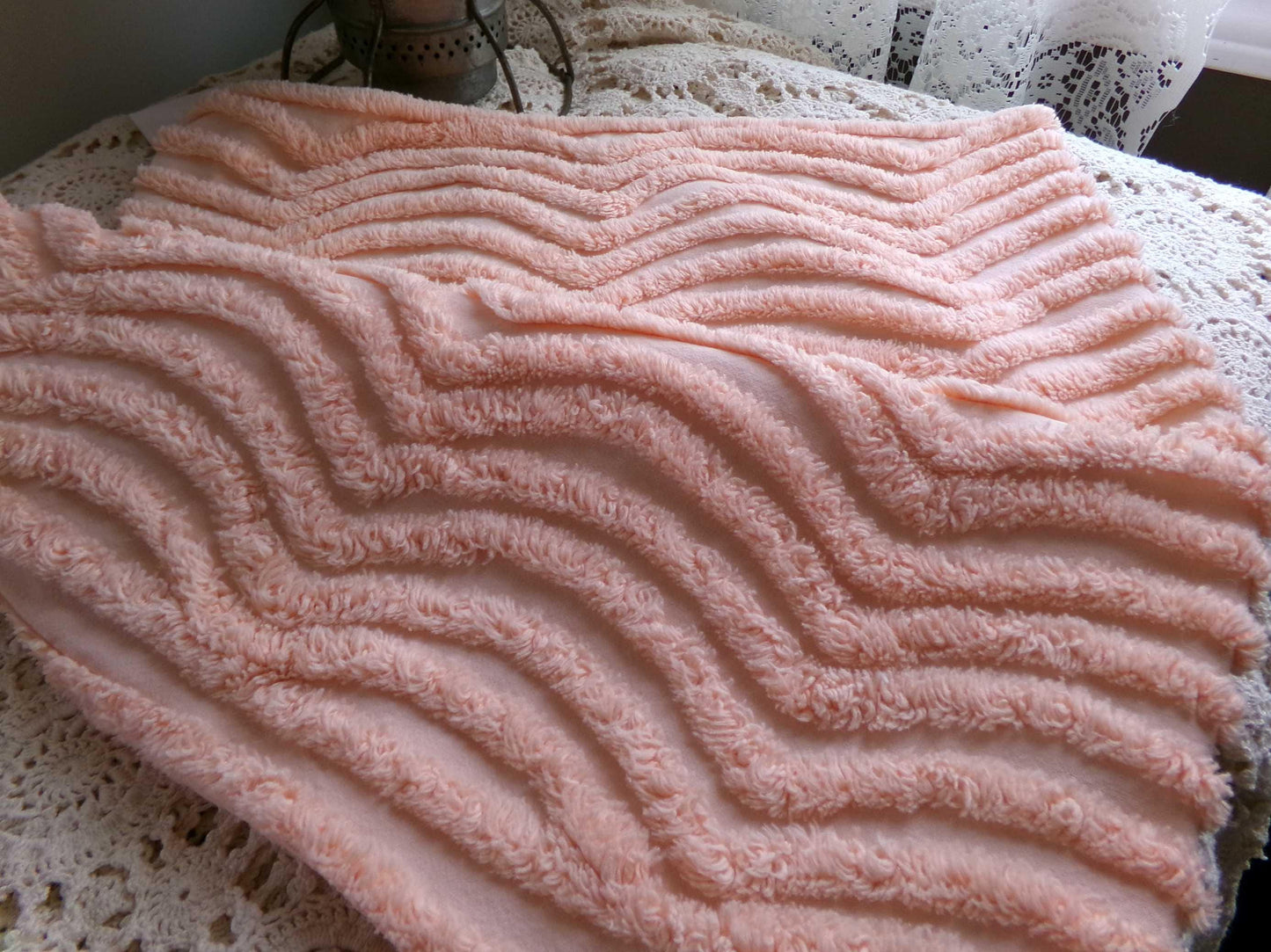 swirling peach waves vintage tufted fabric, 17.5" x 32" inch piece, plush chenille texture, sewing material for quilts, pillows