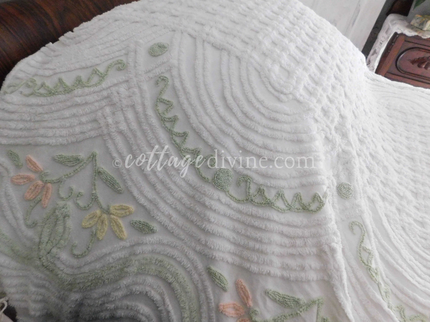 Coastal Bedding Floral White Vintage Chenille Bedspread, Full Size, Shabby Summer Cottage Style