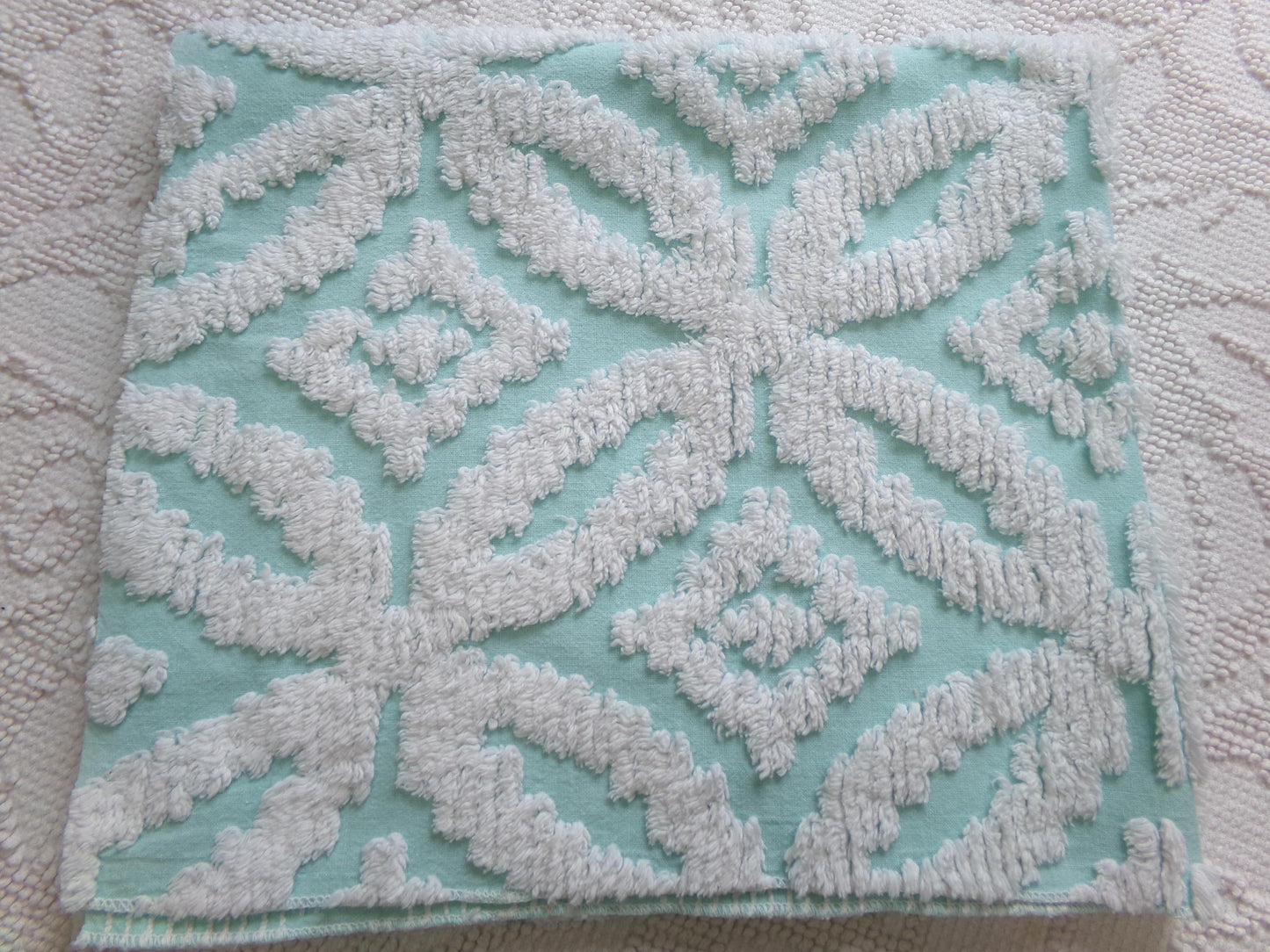 vintage aqua chenille fabric, white petals geometric design, 20" x 24" piece of sewing material