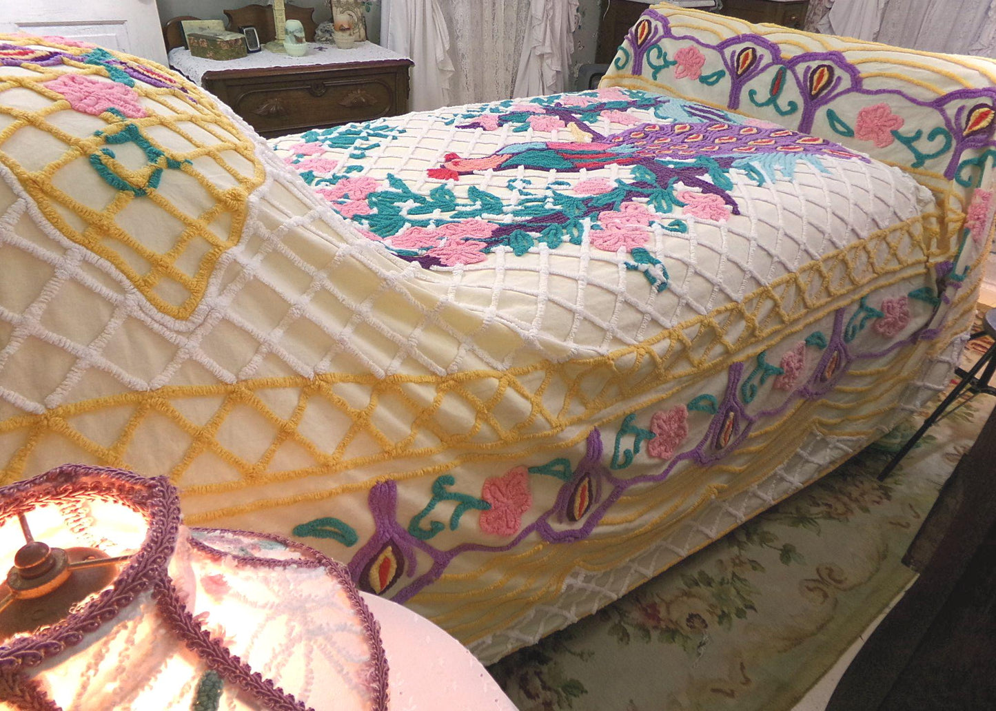 Grand Perched Peacock in a Garden Vintage Chenille Bedspread, Exotic Art Deco Dramatic 1940s Design, Full Size Lightweight Cotton Coverlet