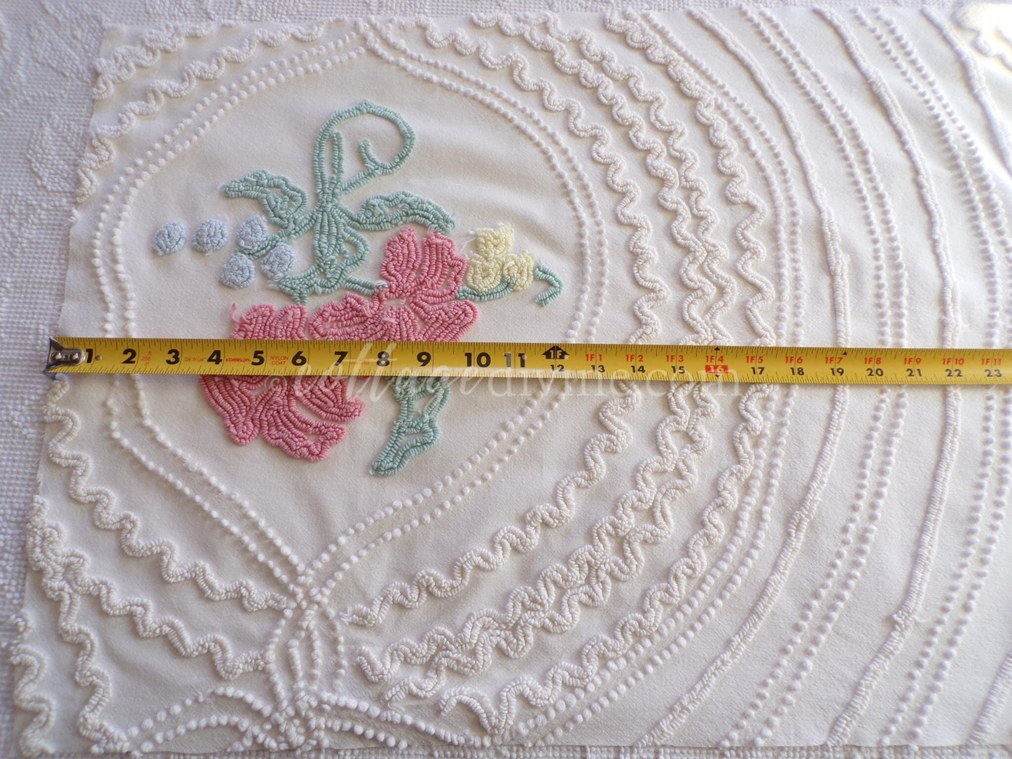Romantic Cottage Chic Lily Vintage Chenille Quilt Fabric Piece, 19" x 26" inches, Pretty in Pillows
