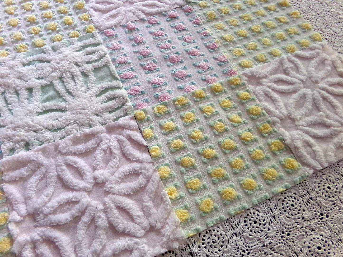 spring medley vintage chenille fabric squares, set of 16 pretty 6" quilt blocks, yellow & pink rosebud, daisy flower, white, mint green