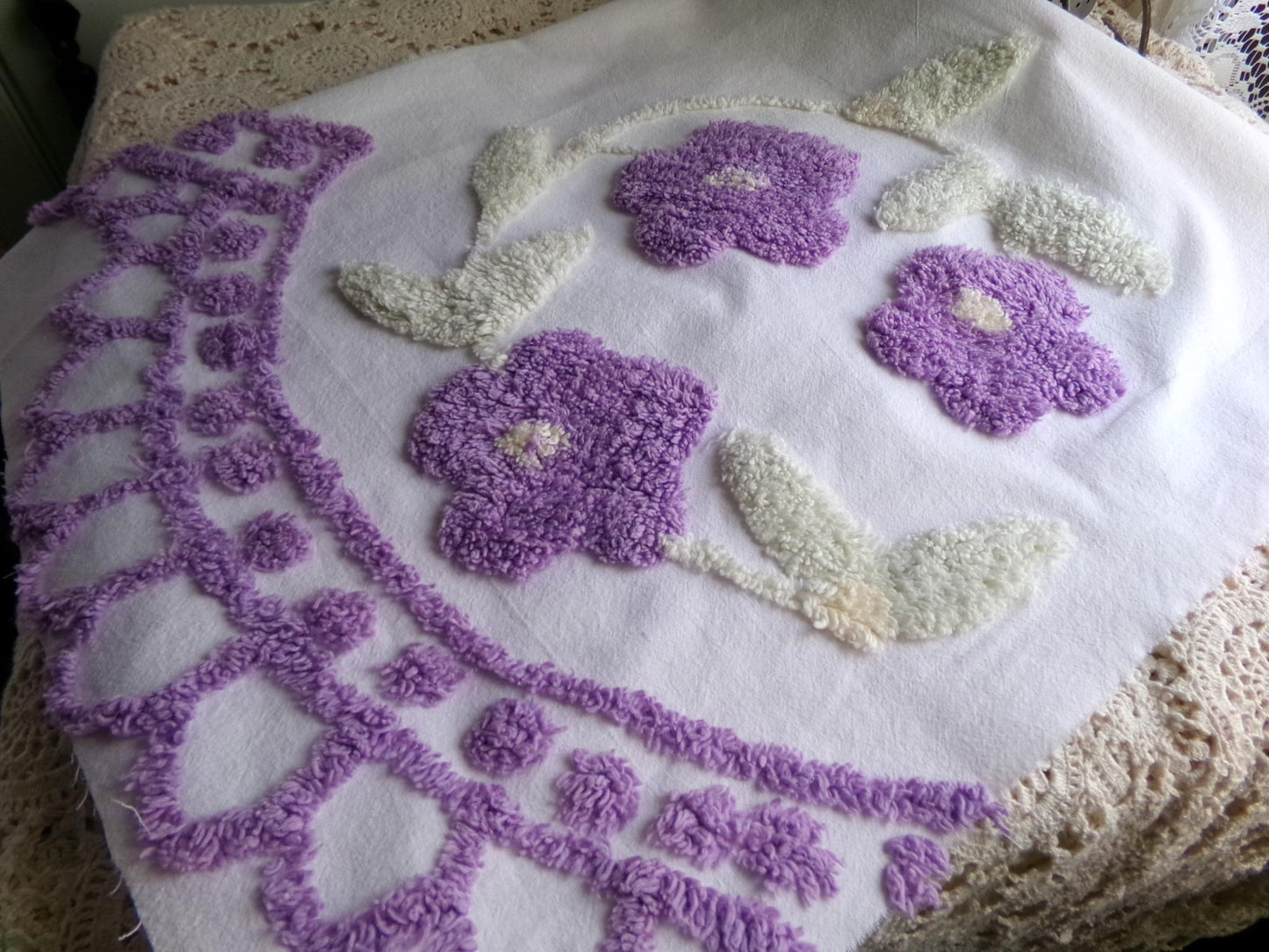 Spring Lilac Wreath Vintage Style Chenille Fabric, 20" x 28" inch piece, Pretty in DIY Pillows