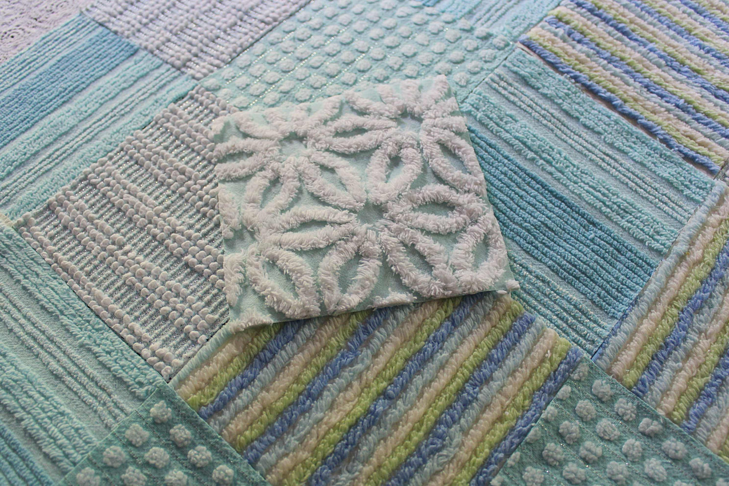Sea Mist Chenille Quilt Squares Set, from Vintage Bedspread Fabric, 17 Blocks, 6" inch in Coastal Blues, Aqua