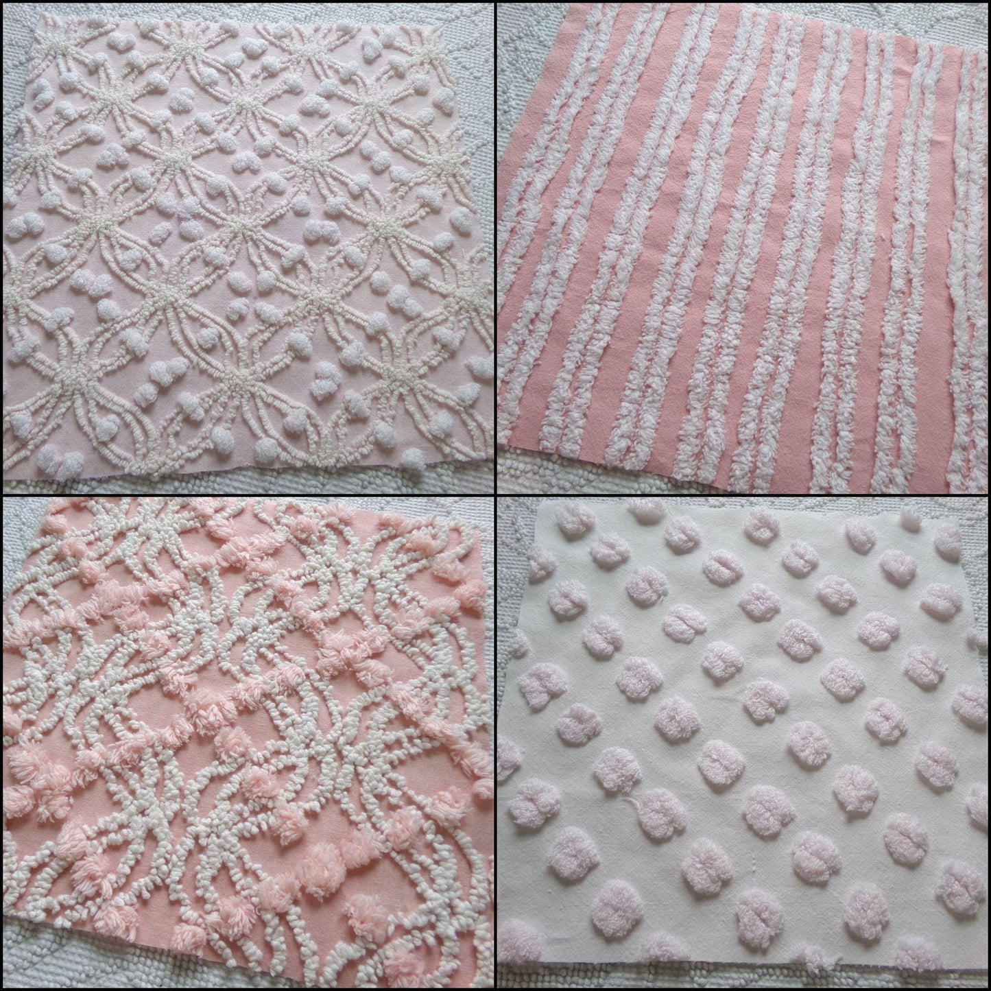 love pink chenille fabric squares, set of 4 texturized vintage large quilt blocks 12" inches ea, spider ring, pops, stripes, infinity tuft