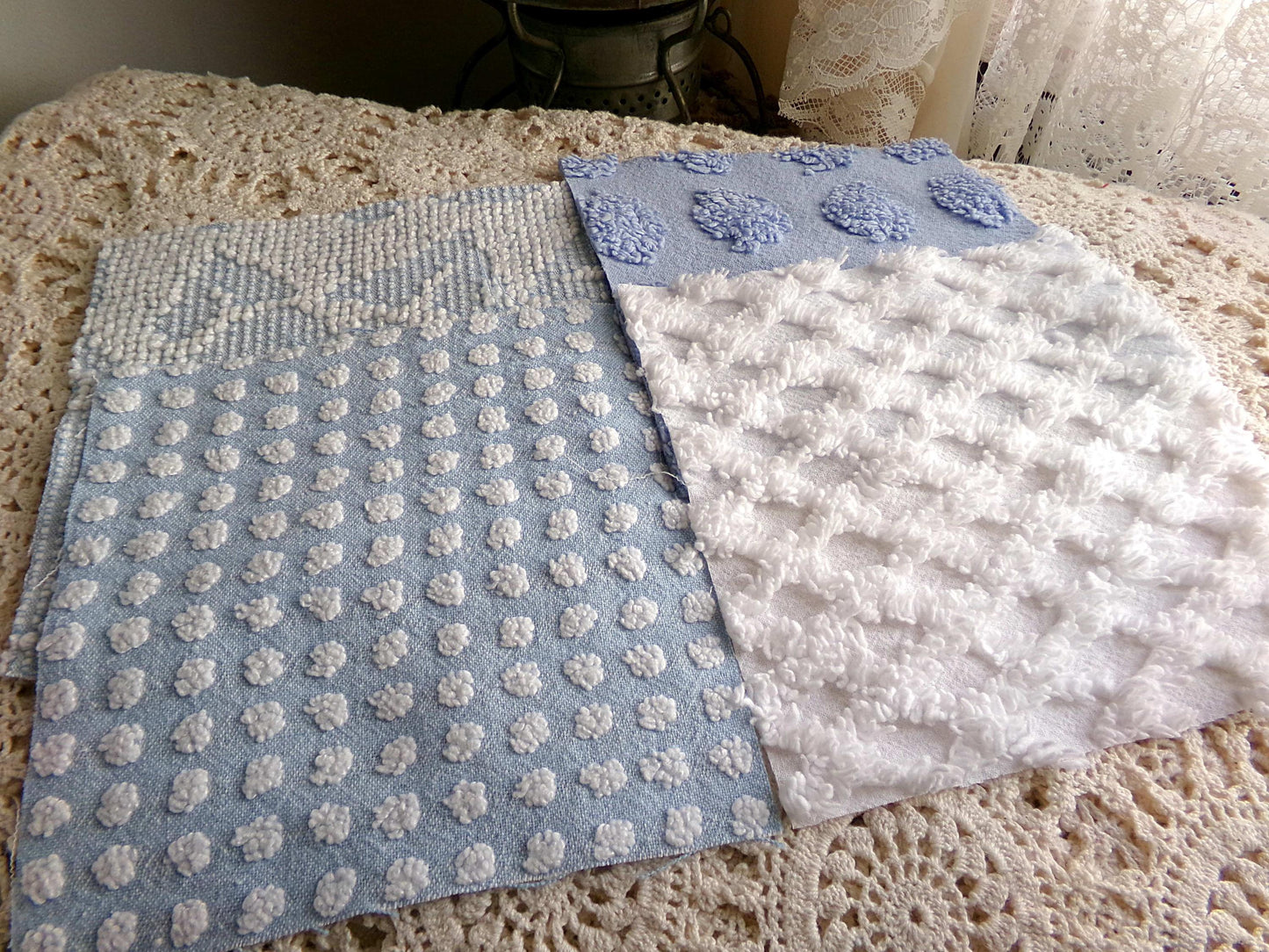 Cool Blues Chenille Fabric Squares for Quilting & Crafts in Vintage Blue, White - 16 Rotary Cut Blocks, 6" x 6" inch