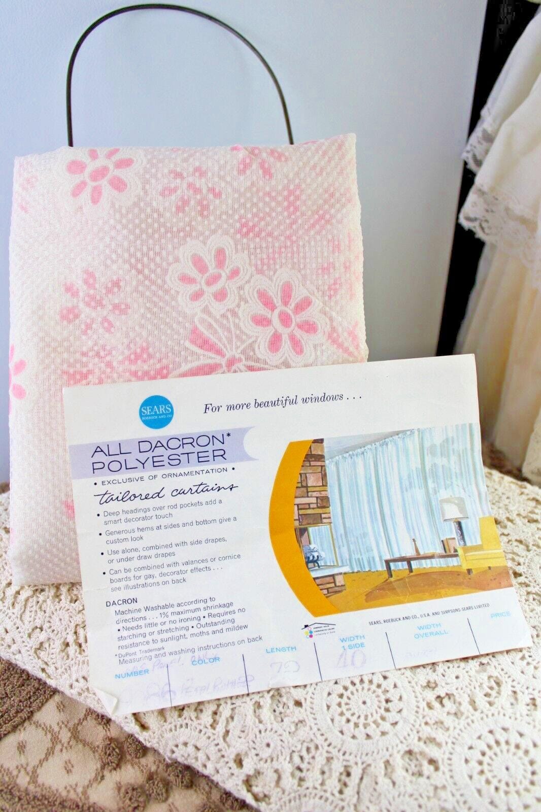 Vintage Flocked Curtain, Petal Pink Daisy & Dot Pattern, SINGLE Sheer Panel, 72"L