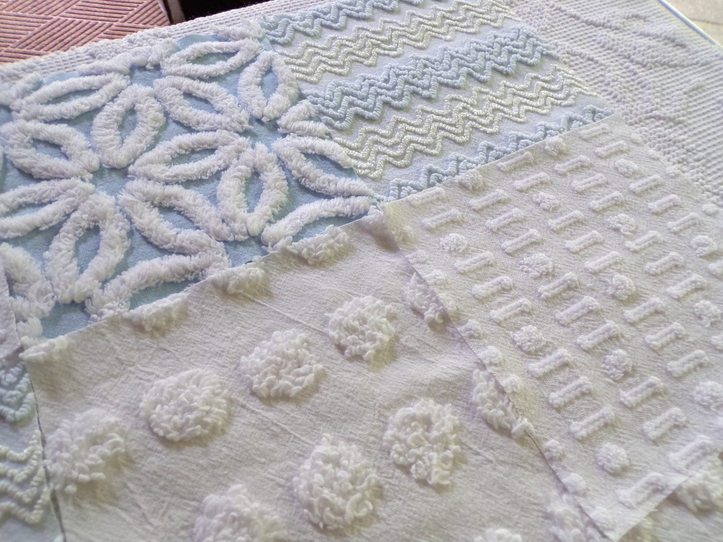Cool Blue & White Quilt Squares Set, Rotary Cut from Vintage Chenille Bedspread Fabric, 16 Blocks, 6" x 6" inch