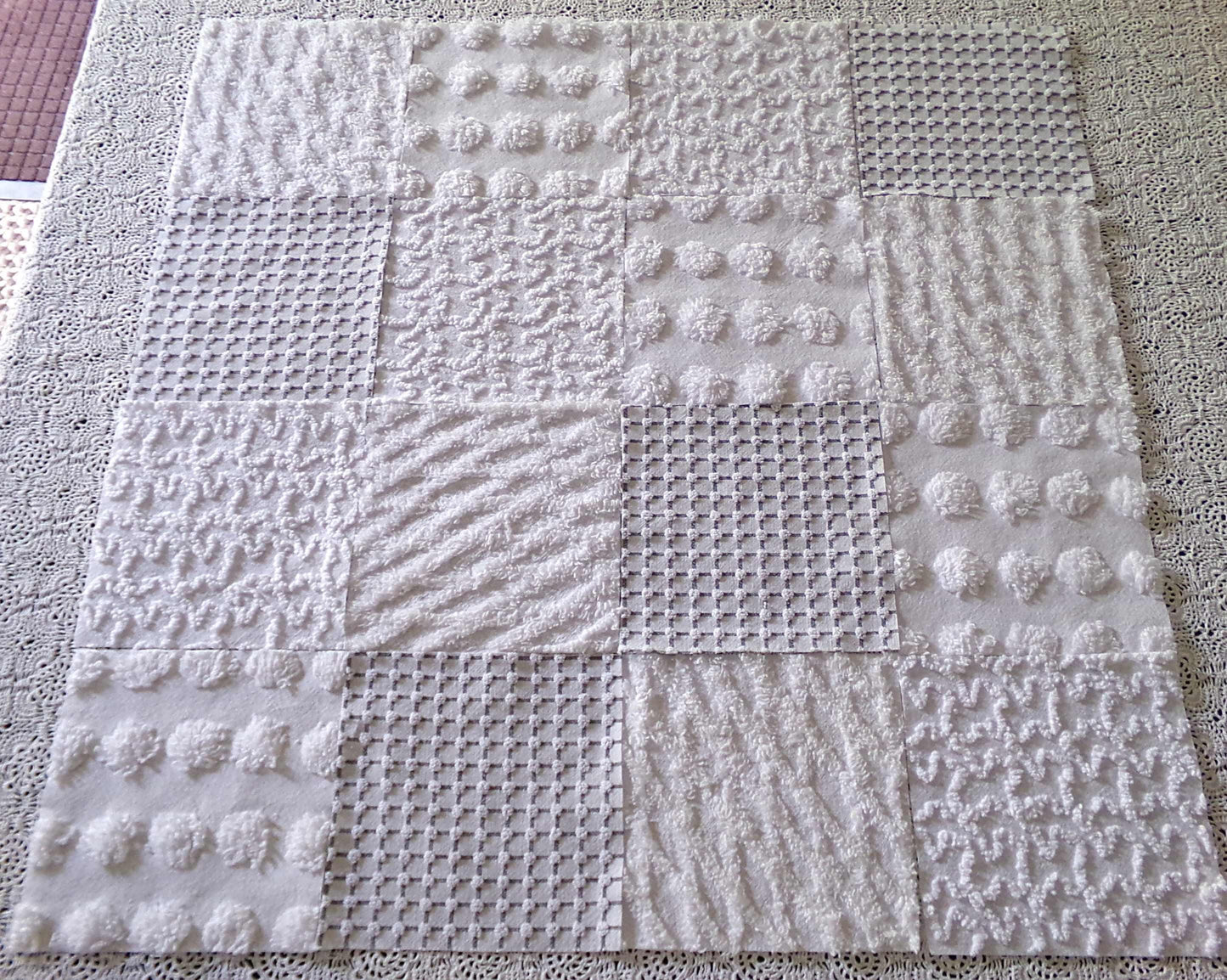 Blizzard White Vintage Chenille Fabric Squares, Diamond Ice, Coin Pop, Squiggle & Micro Grid, Set of 16 Quilt Blocks, 6" x 6" inch each
