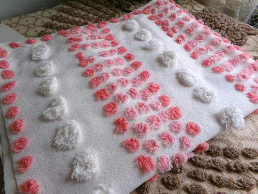 Lovable Pink & White Pops Vintage Fabric, Handtufted Multisize Chenille Popcorns, 24" x 18" Inch Piece, Pretty in Pillows, Quilts