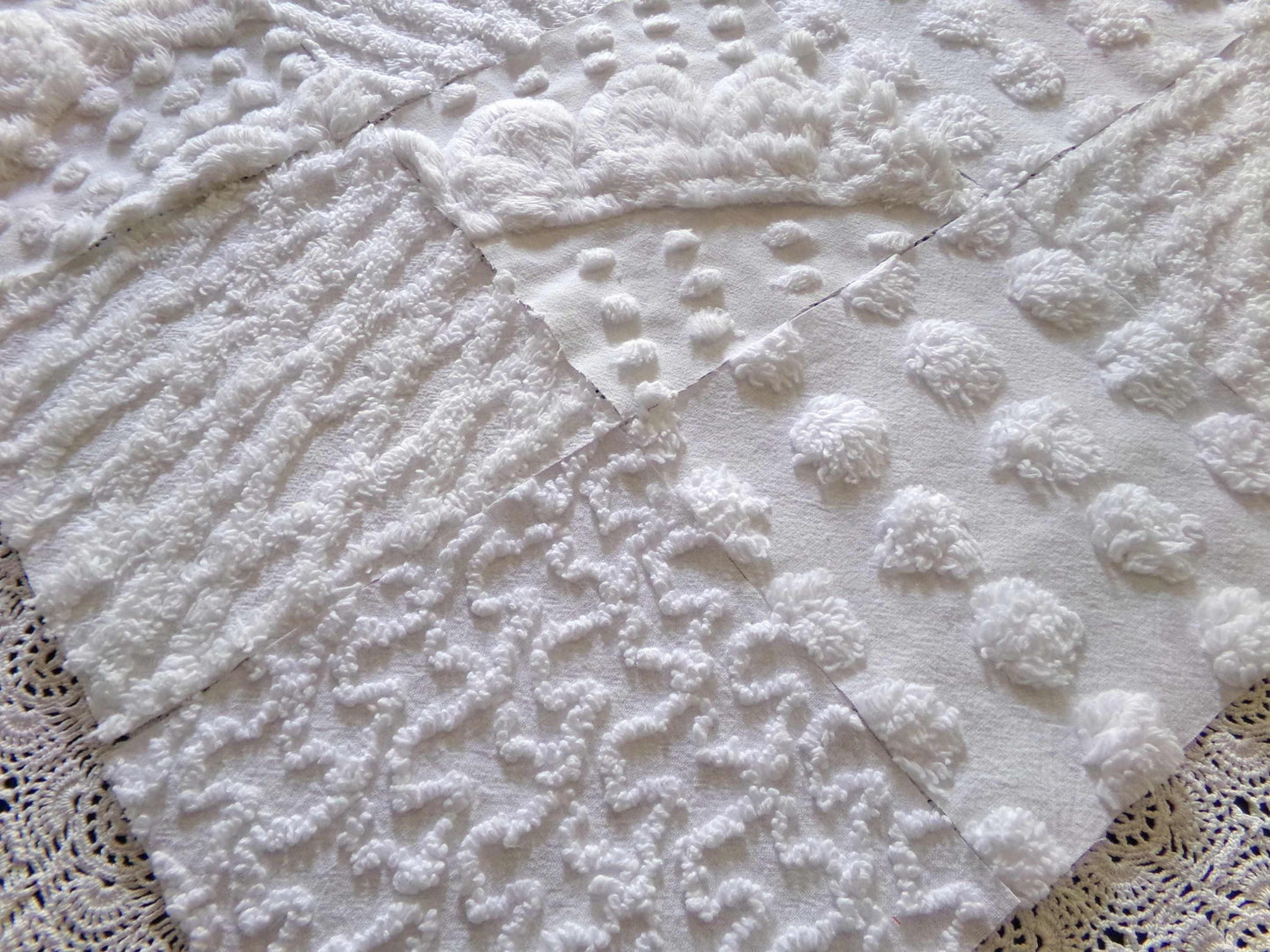 snow day white chenille fabric squares, 16 vintage 6" x 6" quilt blocks, pops, squiggles, diamond lattice & swirls