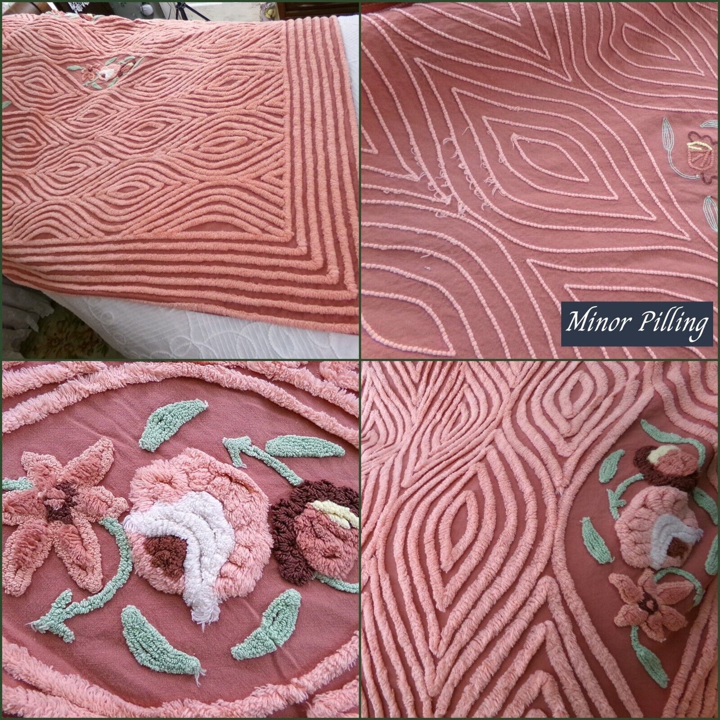 swirl roses luxury Vintage full size chenille bedspread, gorgeous ellipse florals