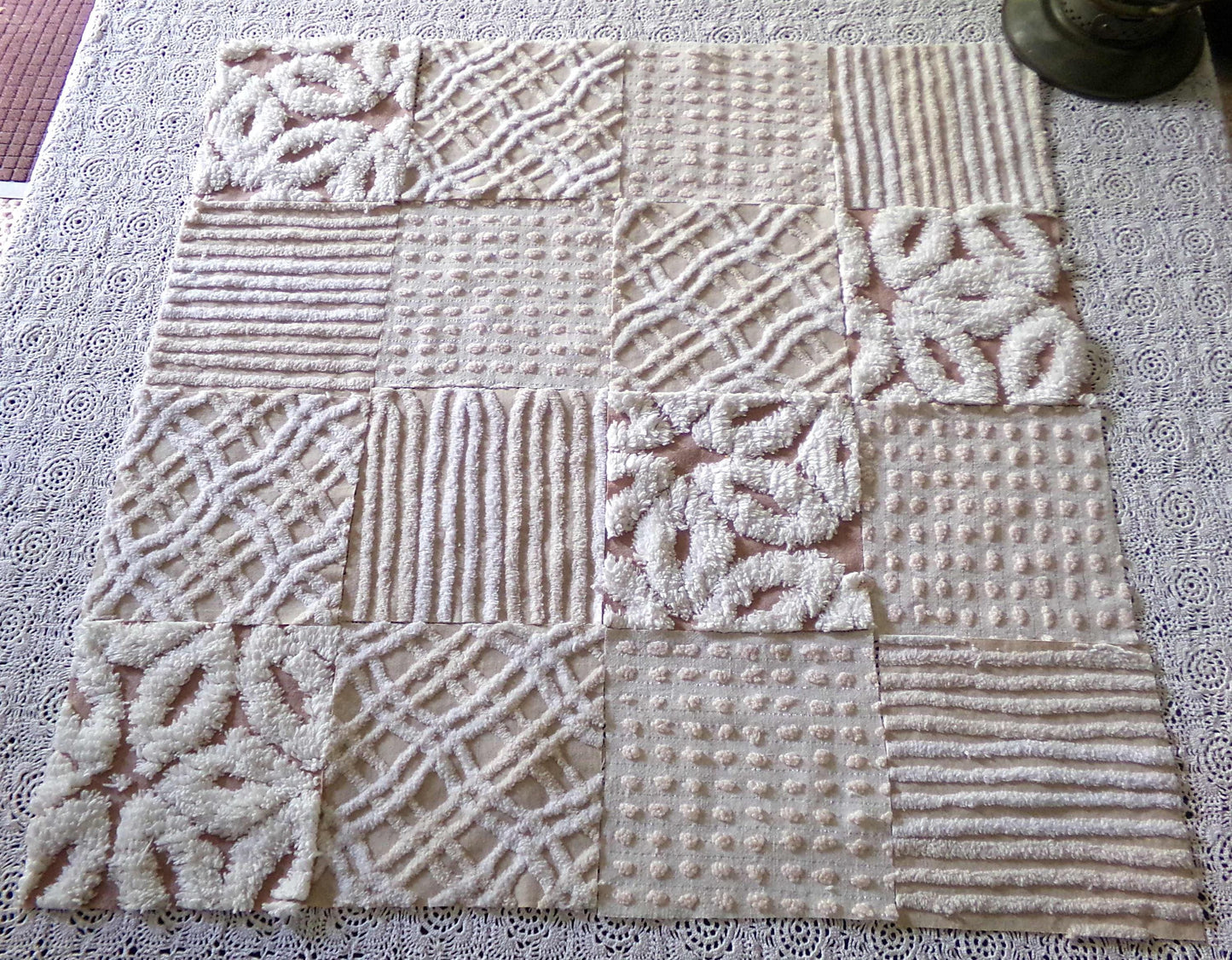 Neutral Modern Chenille Quilt Squares Set from Vintage Bedspread Fabric, 16 Blocks 6" x 6" inch, Daisy, Wavy Honeycomb, Stripe, Dot Patterns
