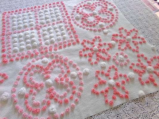 Spunky Daisy Medley Vintage Chenille Fabric, 23" x 18" inch handtufted antique Pink Pops piece, Fun in DIY Pillows