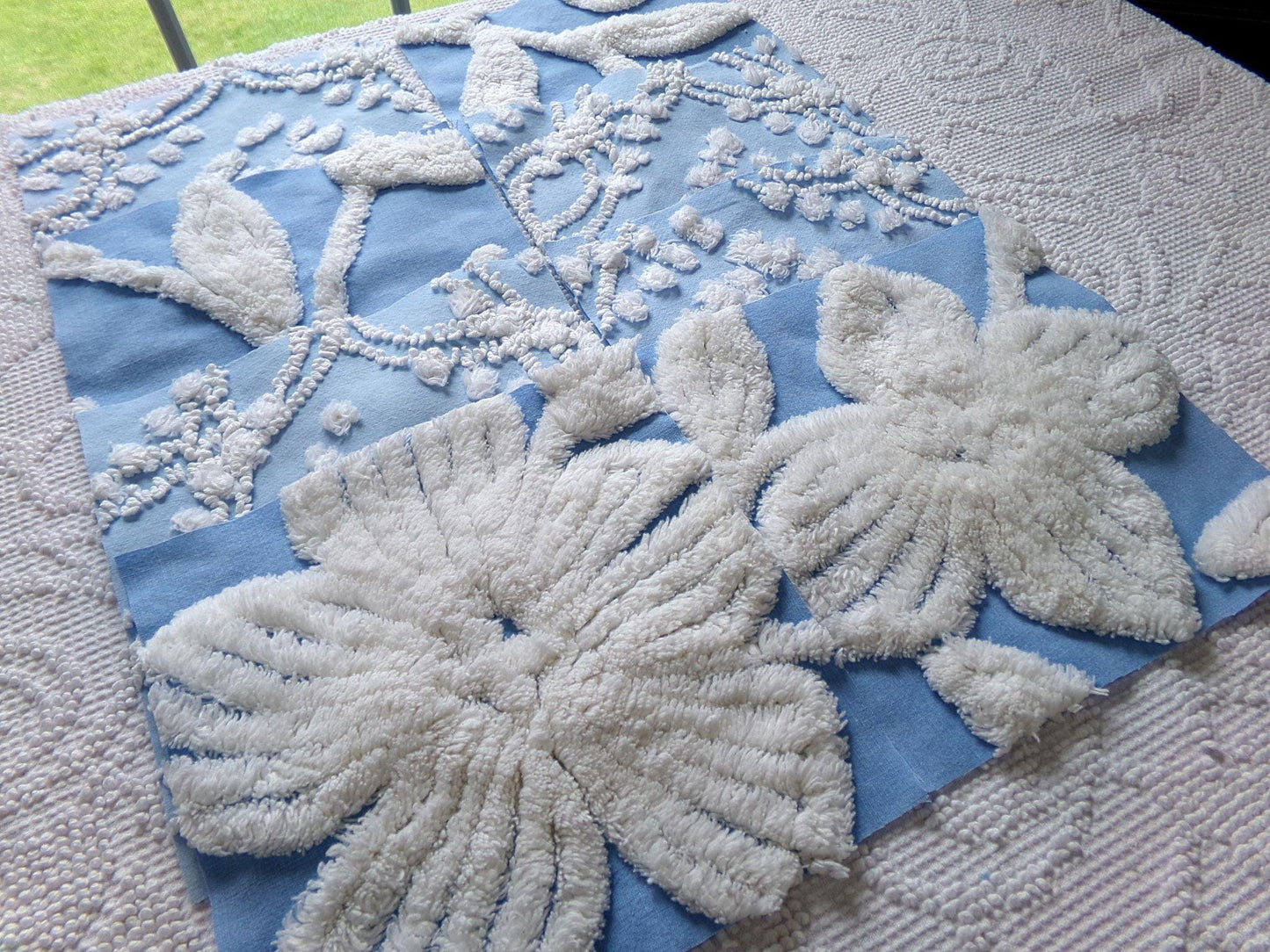 coastal breeze chenille fabric squares, set of 8 vintage 7.5" quilt blocks, blue geometric, white floral for sewing, crafts, quilting