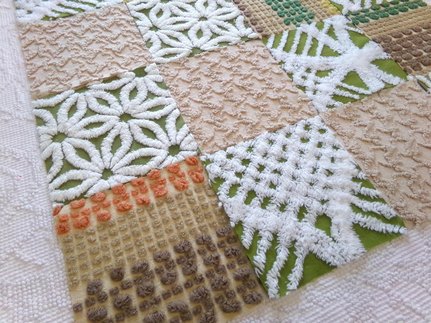 boho babe vintage chenille fabric squares, set of 16 earthtone olive, mocha, white quilt blocks 6" ea, for fiber arts, sewing, quilting