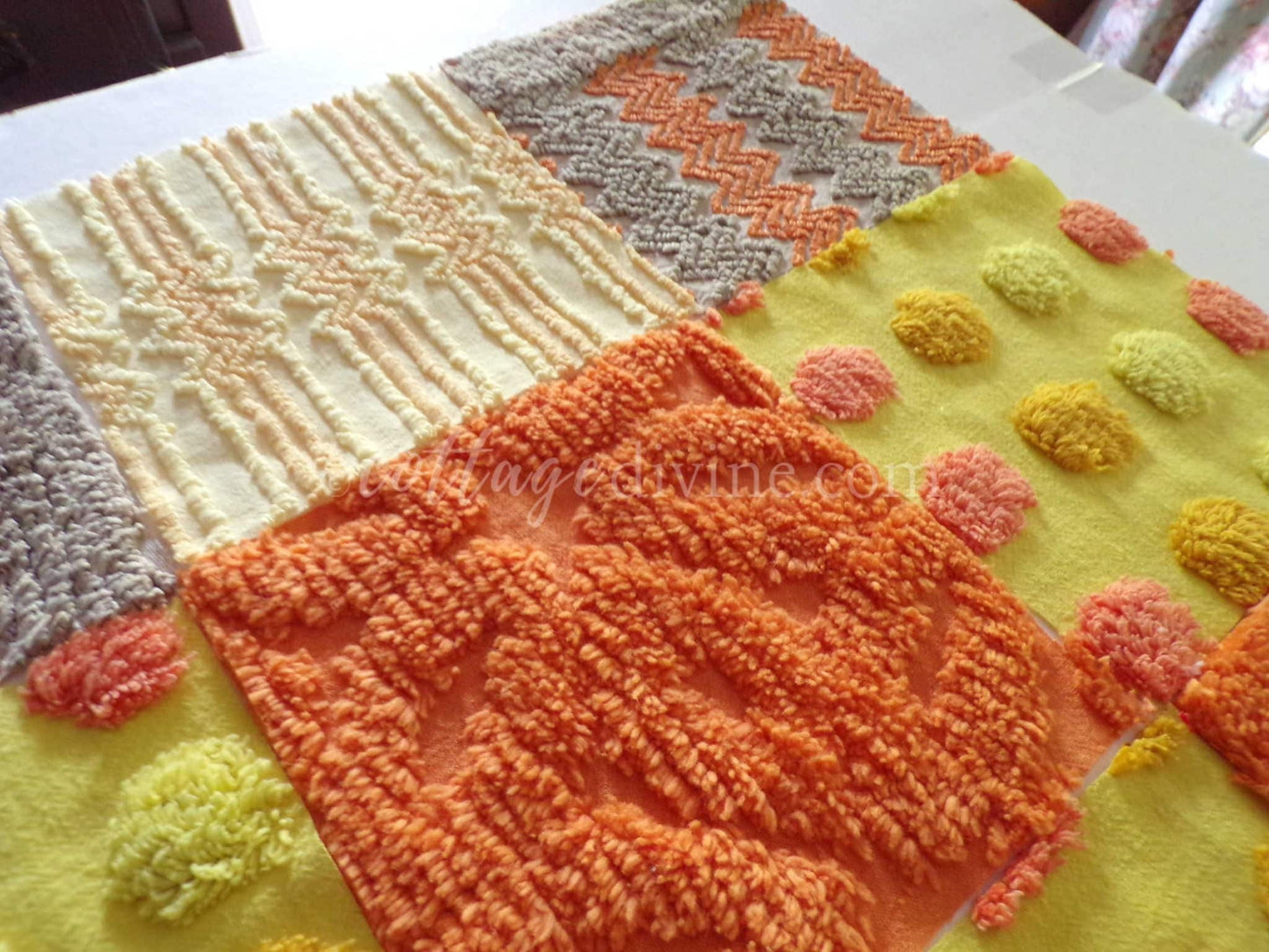 Quilt Squares Set, "Wild Lightning Zaps" from Vintage Chenille Bedspread Fabric, 16 Blocks, 6" x 6" inch