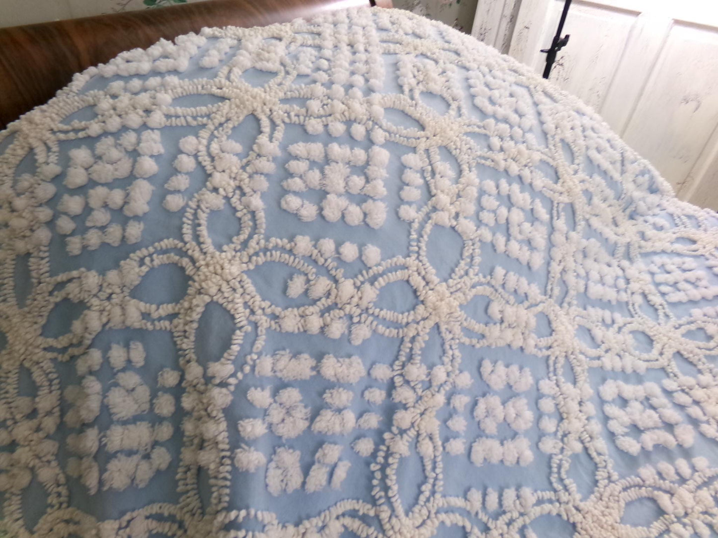 beach cottage blue vintage chenille bedspread, shabby tufted geometric pattern, 100% cotton twin size summer coverlet with fringe