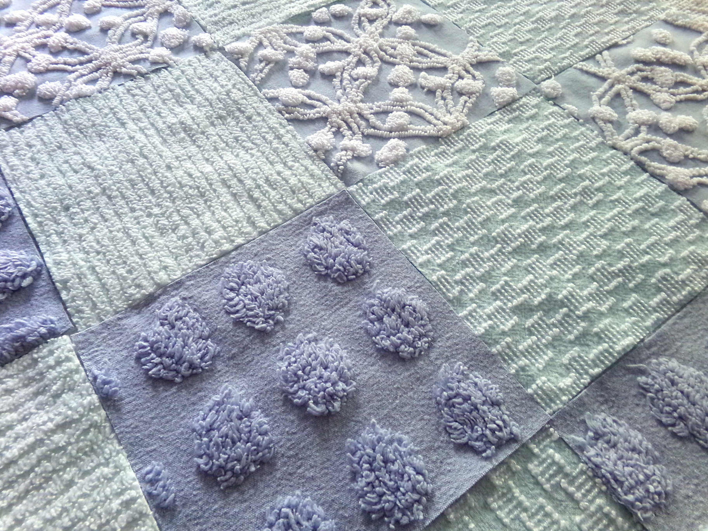 Spa Day Chenille Fabric Squares Set, 16 Vintage Quilt Blocks, 6" inch in Blue, Cool Aqua & White