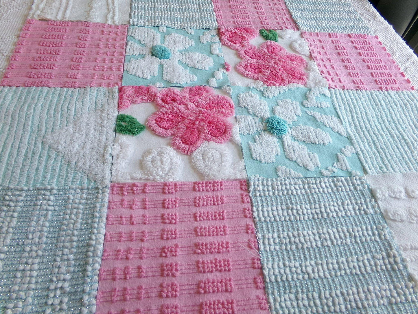 spring waltz vintage 6" chenille squares, set of 16 pink & aqua quilt blocks rotary cut from vintage chenille bedspread fabrics