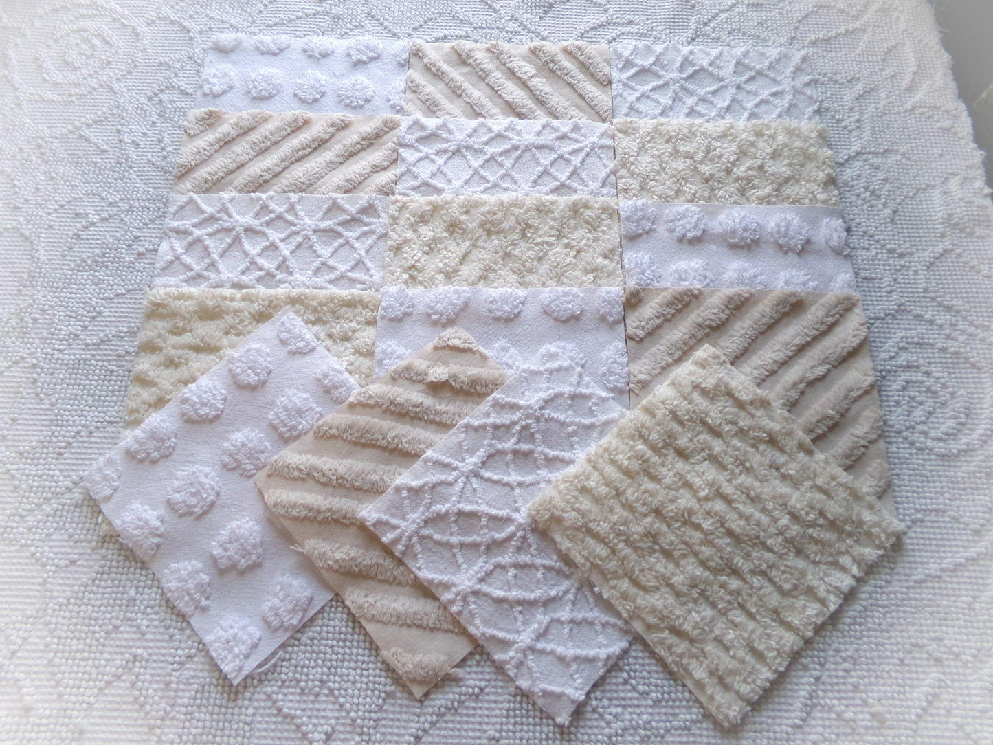 chic neutral chenille fabric squares, set of 16 vintage tan & white quilt blocks 6" ea, coin dot, geometric, infinity, for crafts, quilting
