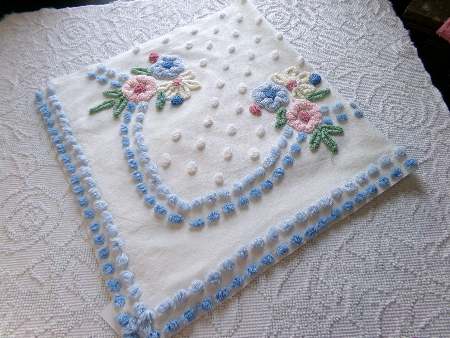 shabby divine vintage chenille fabric, prettiest floral 18" x 34" inch large piece of cotton sewing material, great for quilting & crafts