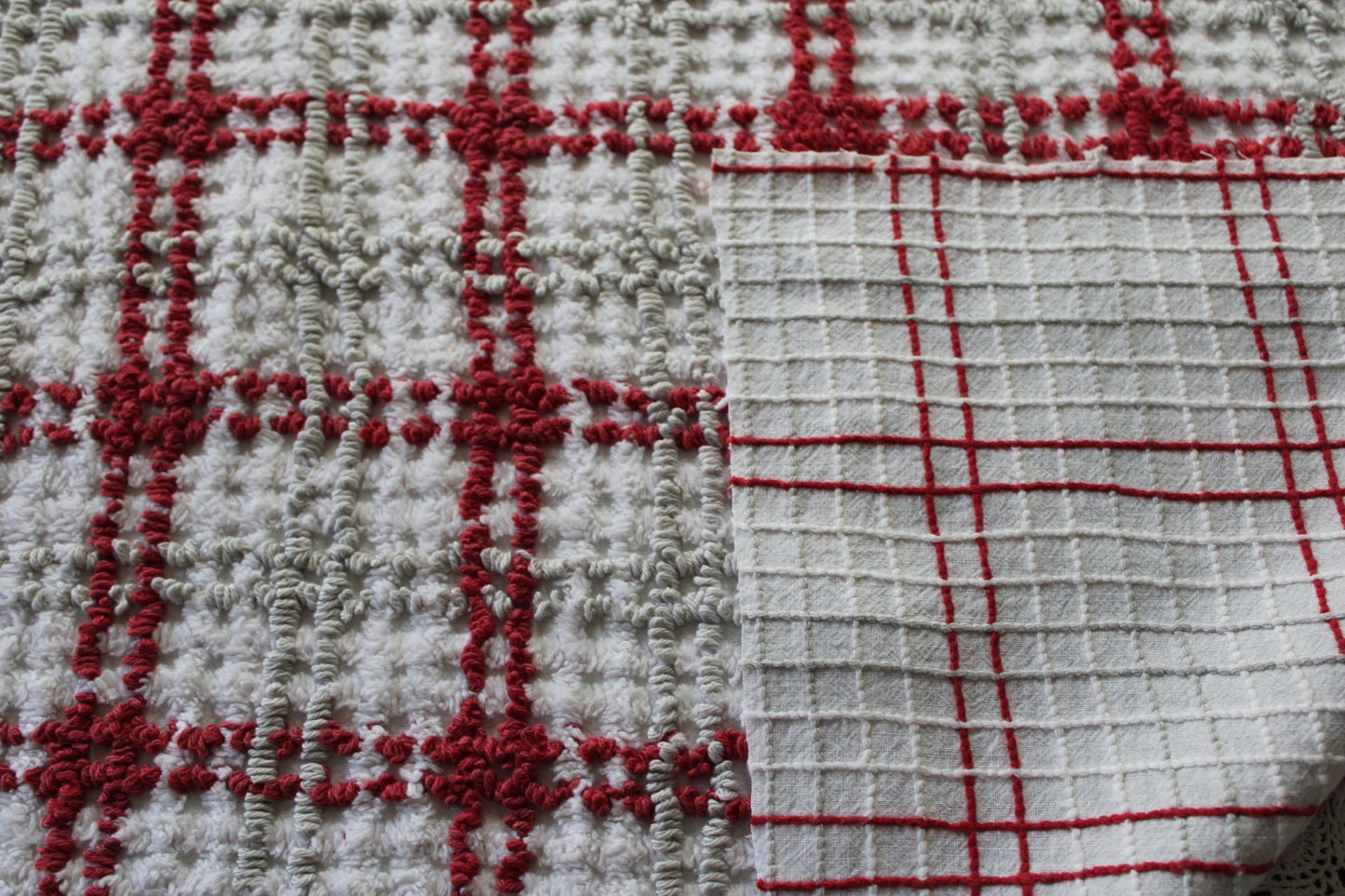 Chic Plaid Vintage Chenille Fabric, Maroon & Grey Needletufting on White Grid, 20" x 24" inch Piece, 100% Cotton