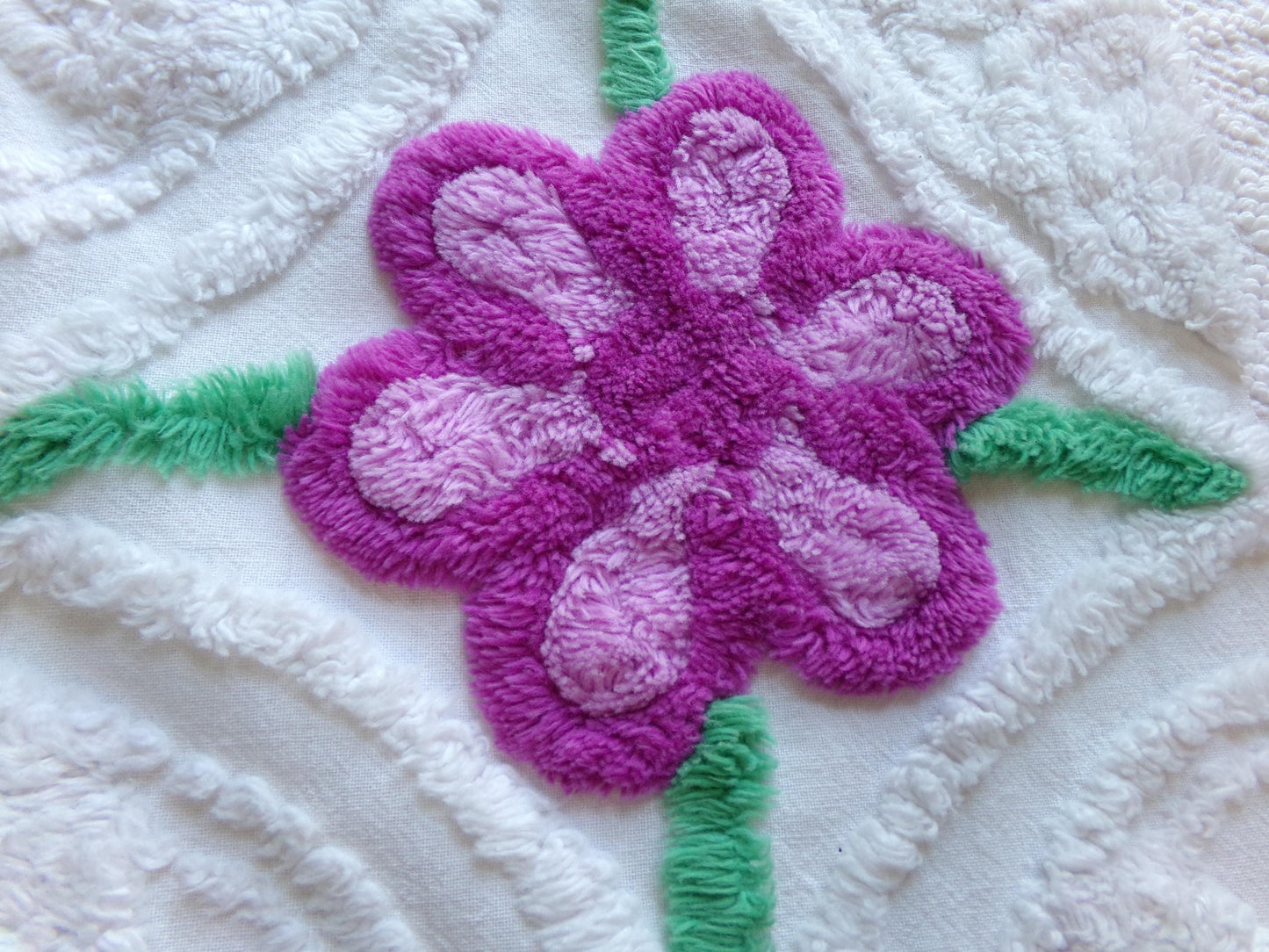 Lilac Garden Blooms Vintage Chenille Fabric, Pretty 22" x 20" Piece of Plush White Cotton Sewing Material Upcycle into Quilts & Crafts