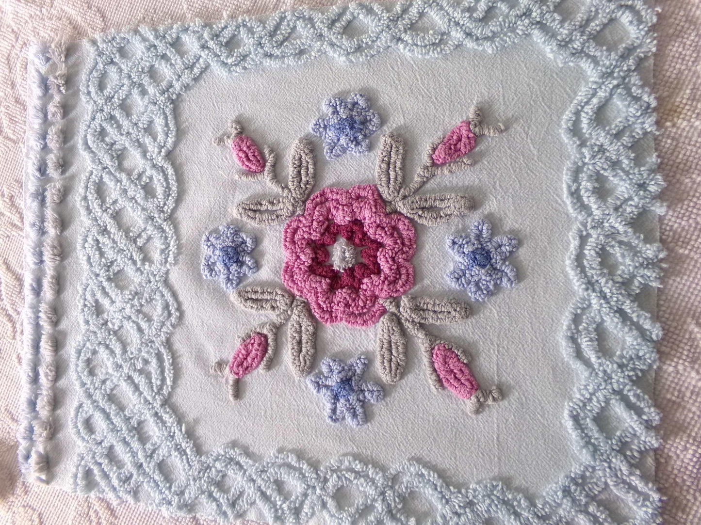 exquisite floral bloom chenille fabric, so pretty for pillow cover, 16" x 20.5" needletuft piece in ice blue with mauve pink flowers