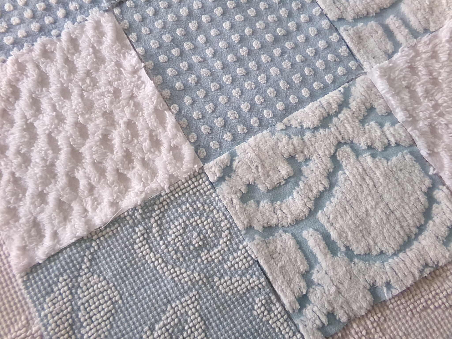 coastal vibes chenille fabric squares, cool blue & white dot, diamond geometric patterns, set of 16 vintage quilt blocks 6" each for sewing