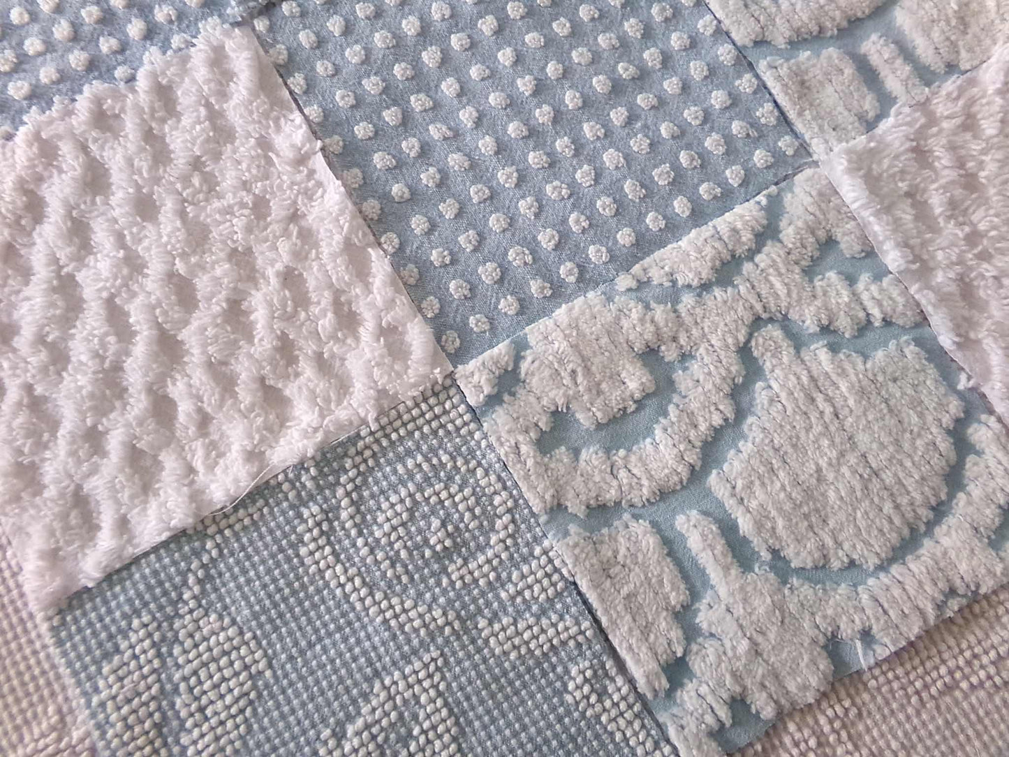 seaside chill chenille fabric squares, 16 vintage blue & white quilt blocks 6" x 6" inch, for pillows, quilting, crafts