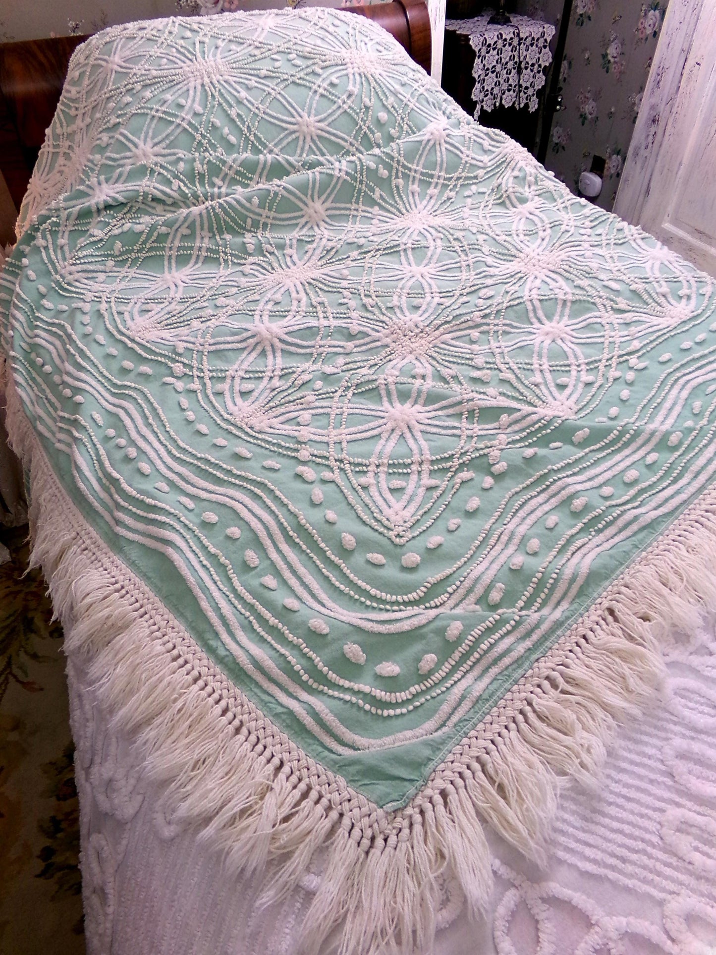 jade green pink rose vintage chenille bedspread, beautiful twin size shabby chic style bedding, great as a summer cottage coverlet