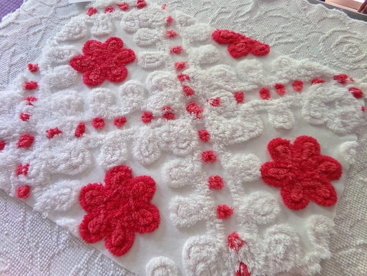 Sweet & Shabby Red Flowers Vintage Chenille Fabric, 16" x 20" Inch Piece, Frosty White Plush Swirls, Fun in Festive Crafts