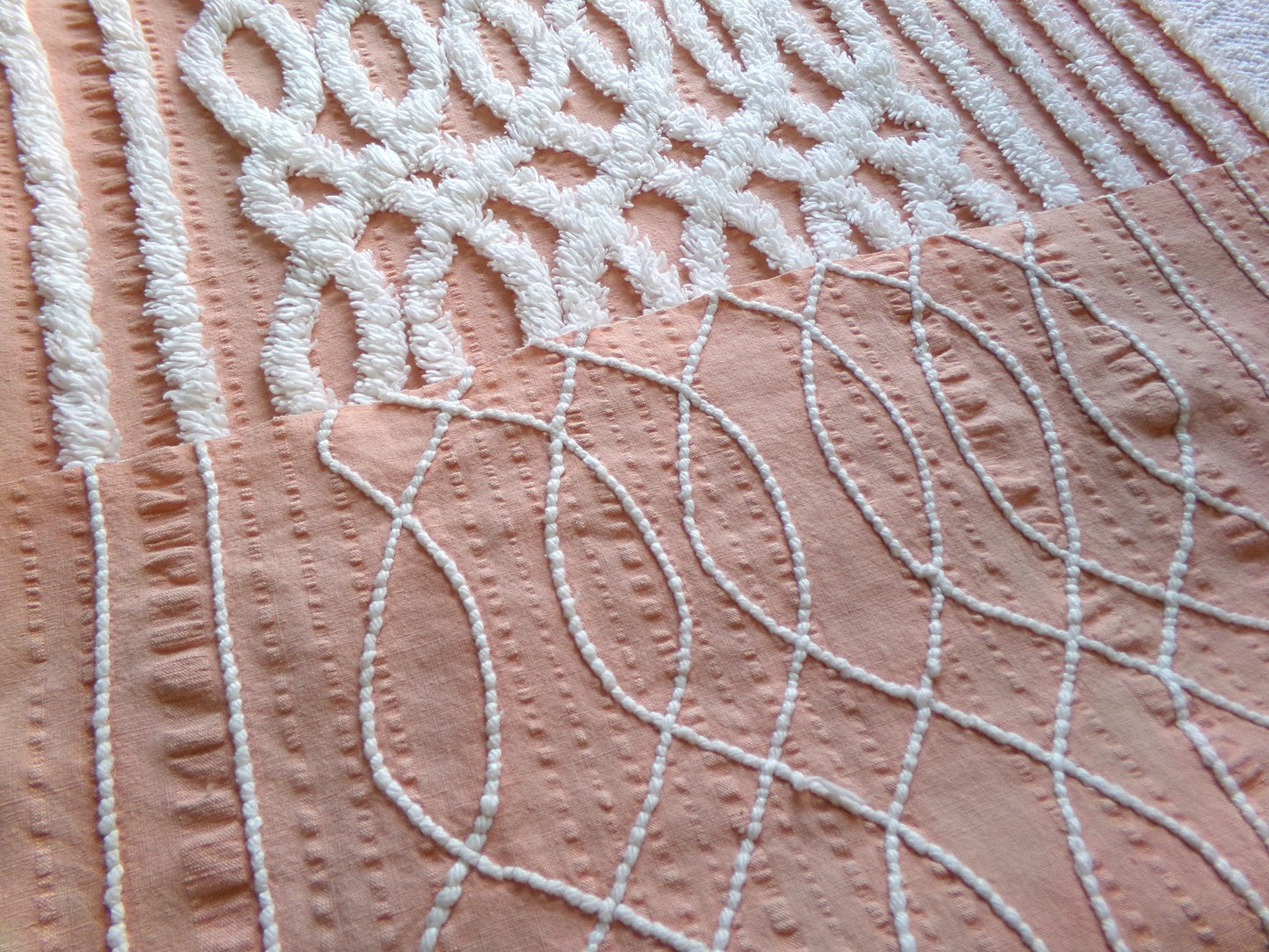 vintage chenille fabric: white geometric on peach cotton seersucker, 20" x 24" cut piece