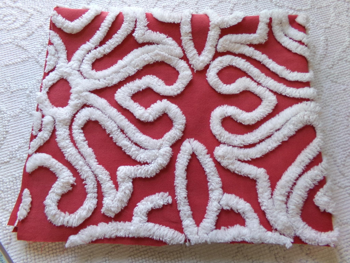 cherry red & white vintage chenille fabric, victorian scroll stripe design, 20" x 24" cut piece of craft, sewing, pillow, quilt material