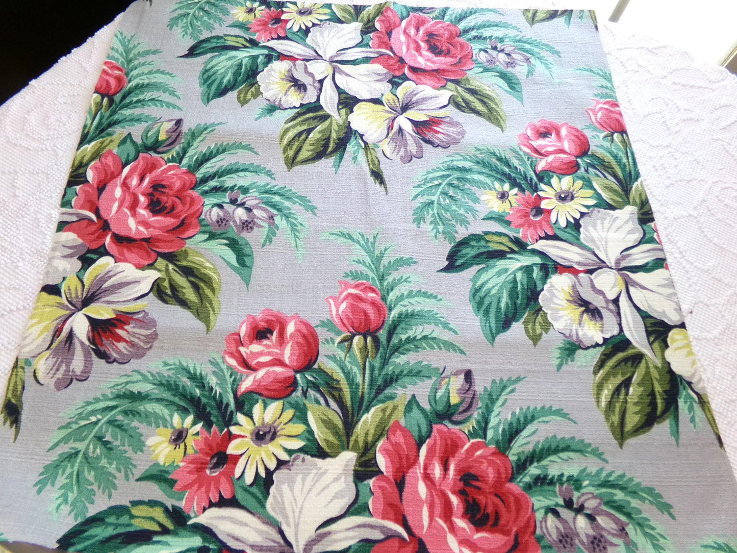 Botanical Vintage Barkcloth Fabric, Tropical Exotic Floral Print on Silvery Grey, 22" x 23" inches, Ideal Fabric Piece for Pillows