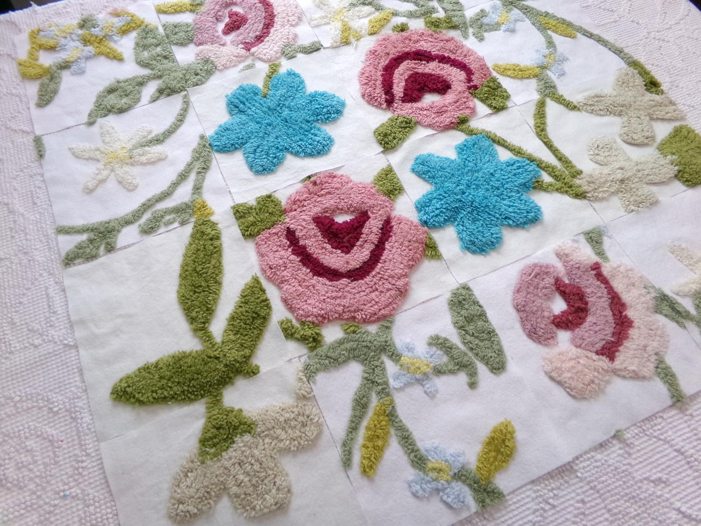 flower festival chenille fabric squares, set of 16 vintage floral 6" craft blocks, cottage designs for quilt inlays, pillows, fiber arts