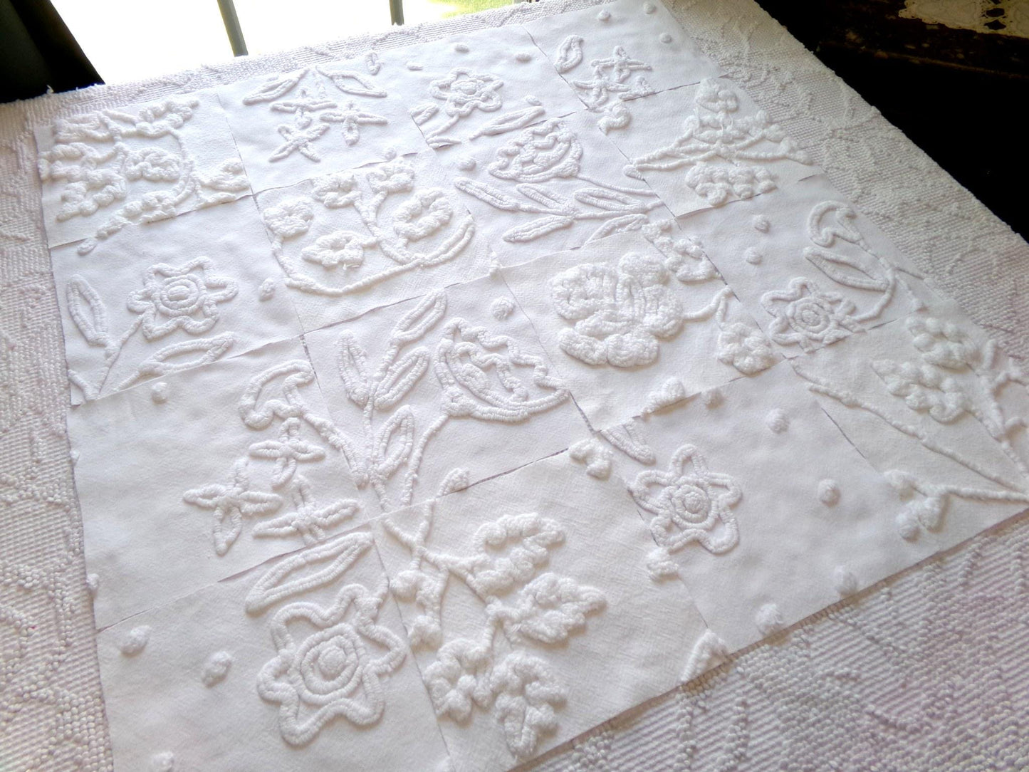 Vintage Chenille Fabric Squares in Winter Garden White Florals from Vintage Bedspread Fabric, Set of 16 Quilt Blocks, 6" x 6" inch