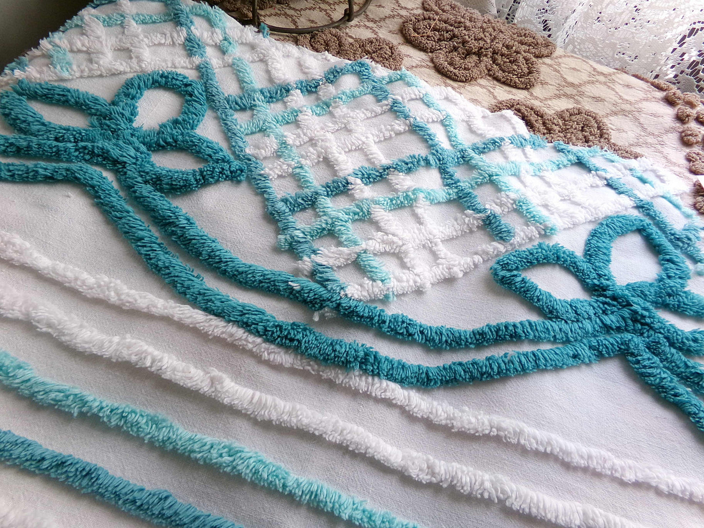 Pretty Vintage Chenille Fabric with Cottage Bow Swags, 24" x 25" inch Piece, 100% Cotton, Tonal Green & White