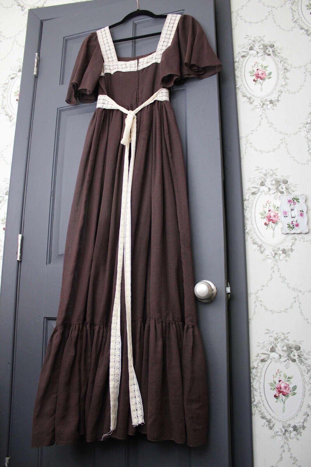 Vintage Boho Brown Prairie Dress, 1970s Long Maxi Length Gown, XS Jr Sz 11, Act I