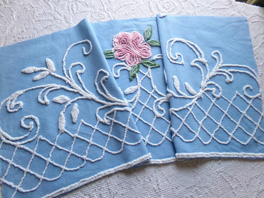 enchanted pink rose vintage chenille fabric, blue floral sewing material, 15" x 30" inch piece for wallhanging, quilts, fiber arts