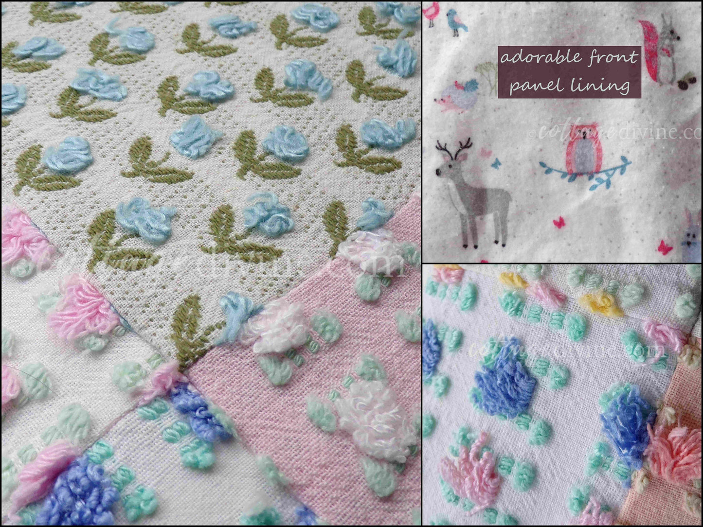 PATCHWORK Roses Floral Chenille Pillow Cover 16" x 16" inch Square, REVERSIBLE Accent Pillow Designed from Vintage Chenille Bedspread Fabric