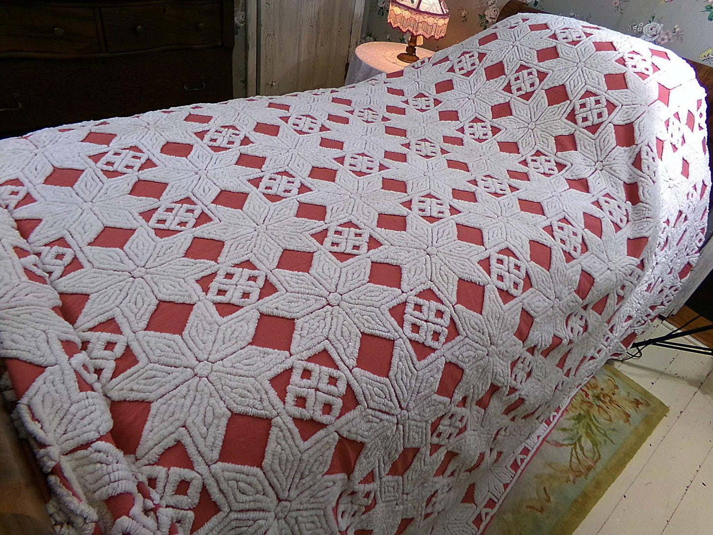 Modern Boho Terracotta Chenille Bedspread, Rustic Eight Point Star Vintage Quilt Style Design, Full Size Country Bedding