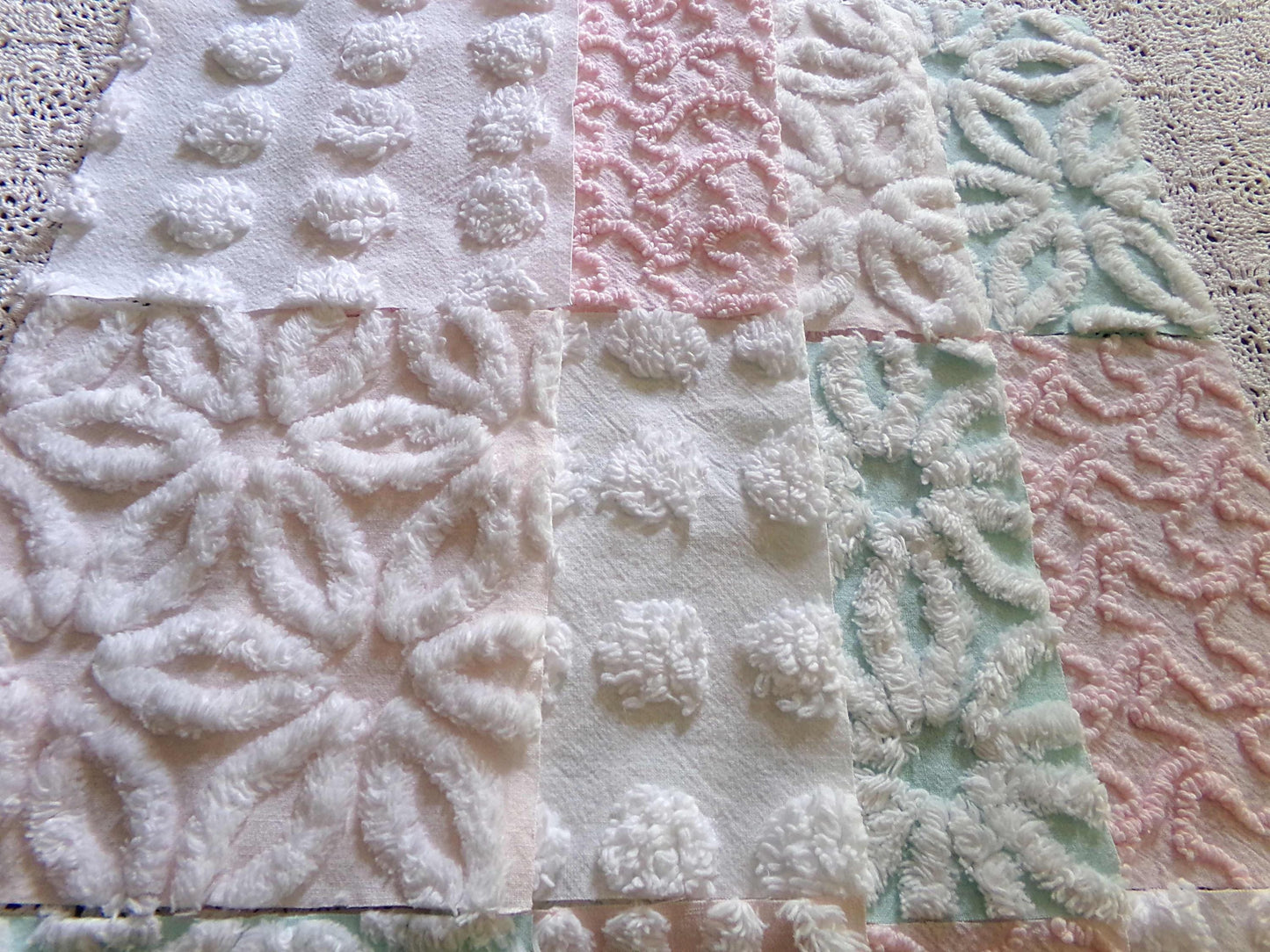 Beautiful Aqua & Pink Chenille Quilt Squares Set from Vintage Bedspread Fabric, 16 Blocks, 6" x 6" inch, Daisy, Squiggle, Polka Dot Patterns