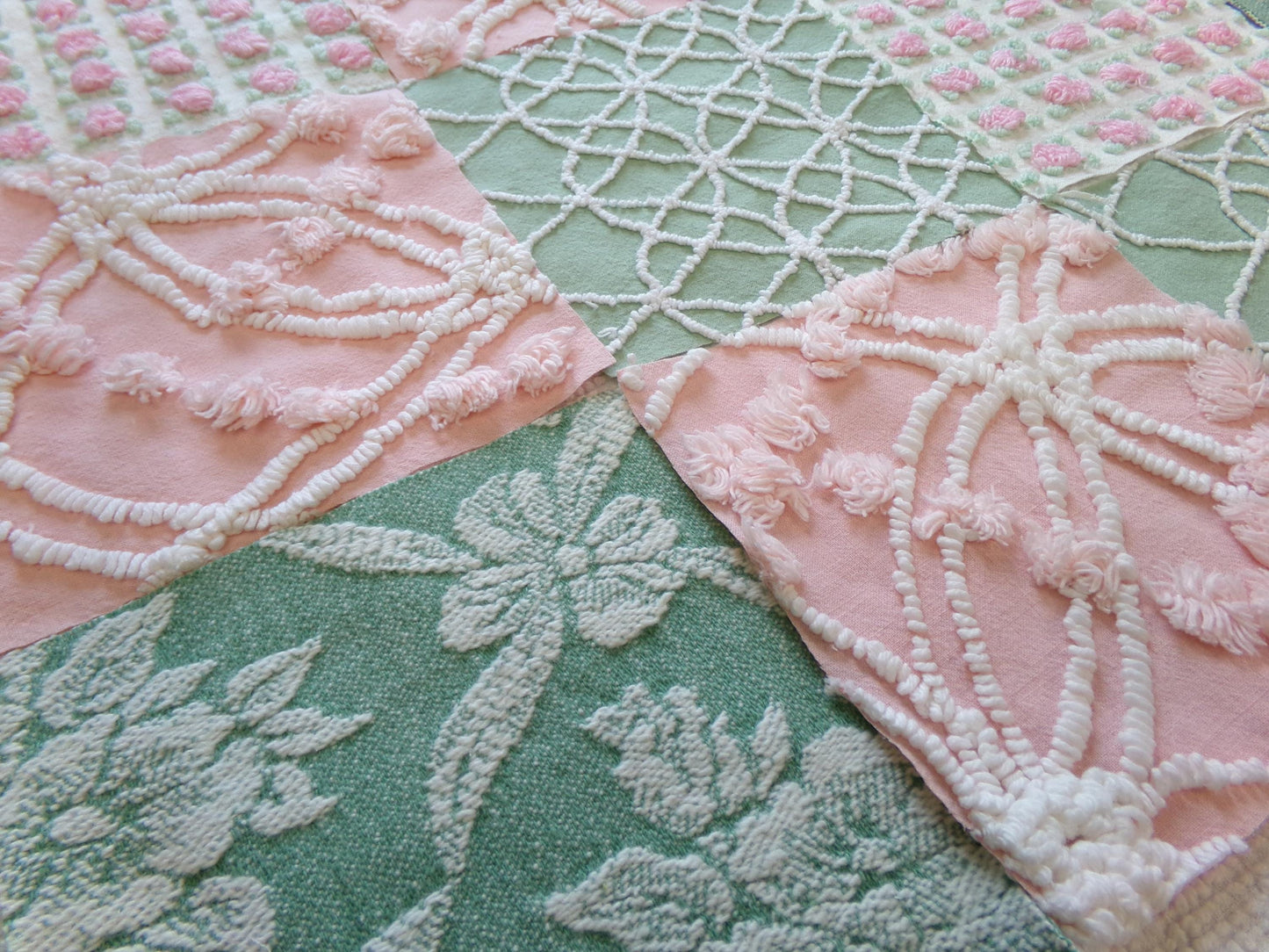 enchanted garden vintage woven & chenille fabric squares, set of 16 pink jade 6" quilt blocks for crafts, sewing, diy pillow covers