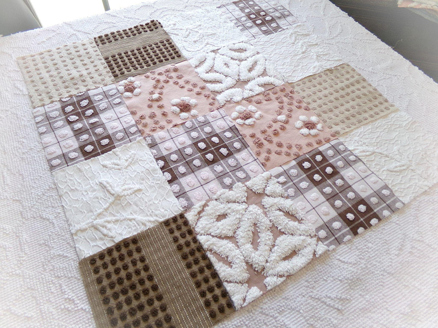 vintage 6" chenille squares, "boho girl" set of 16 quilt blocks, rotary cut from vintage chenille & matelasse bedspread fabrics