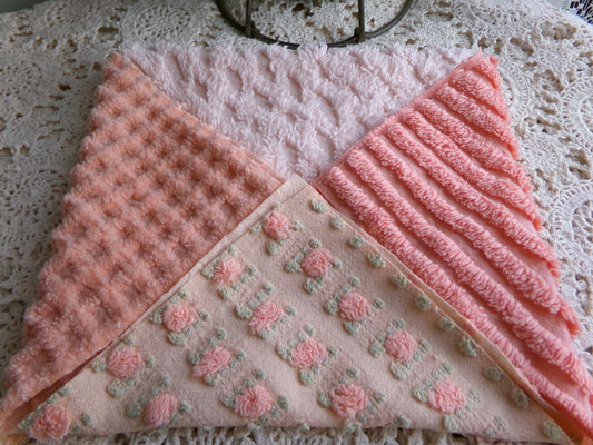peach radiance chenille fabric squares, nostalgic cozy colors, 16 vintage quilt blocks 6" x 6" inch, for patchwork pillows, quilting, crafts